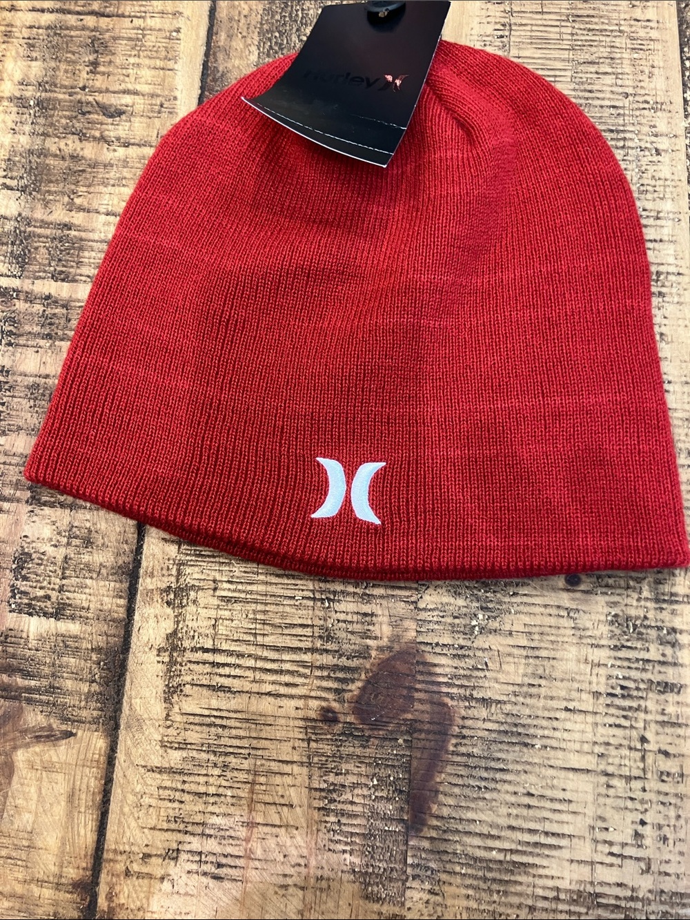 Hurley Red Ribbed Beanie with White Logo